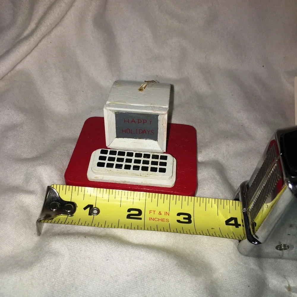 Vintage  Desk Top  Computer Merry Christmas Sceen Holly TS Wood Ornament